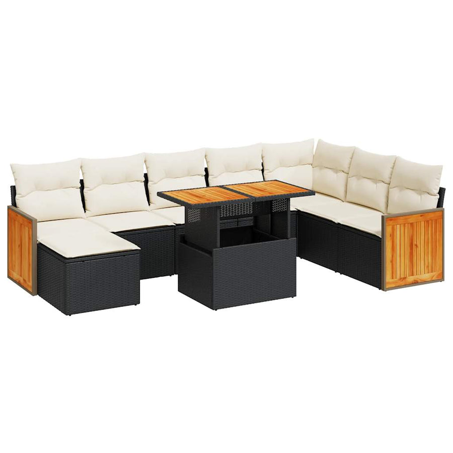 7-delige Loungeset met kussens poly rattan acacia zwart