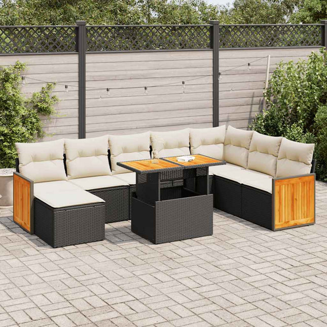 7-delige Loungeset met kussens poly rattan acacia zwart