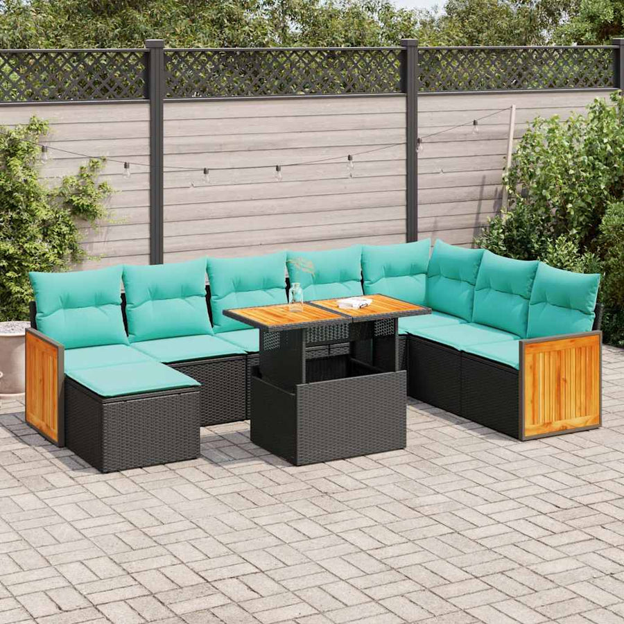 11-delige Loungeset met kussens poly rattan acacia zwart