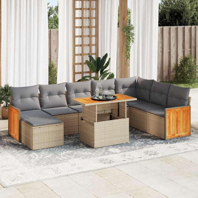 7-delige Loungeset met kussens poly rattan acacia beige