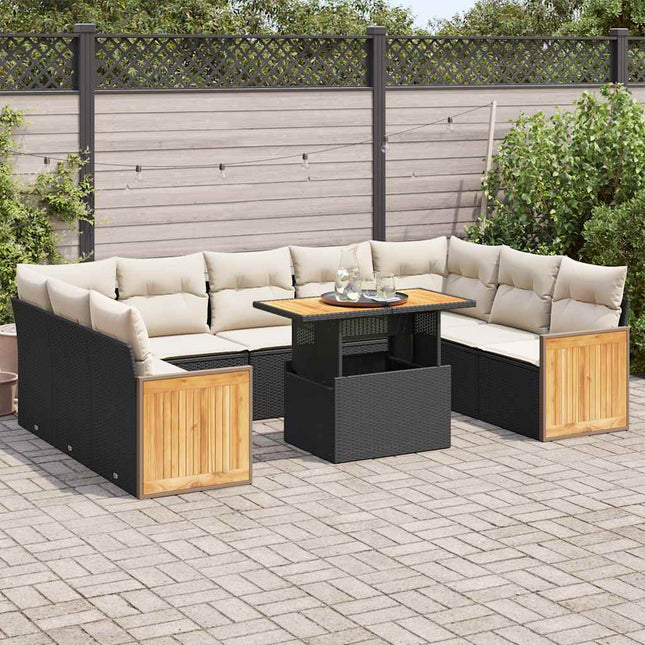 10-delige Loungeset met kussens poly rattan acacia zwart