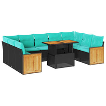 10-delige Loungeset met kussens poly rattan acacia zwart
