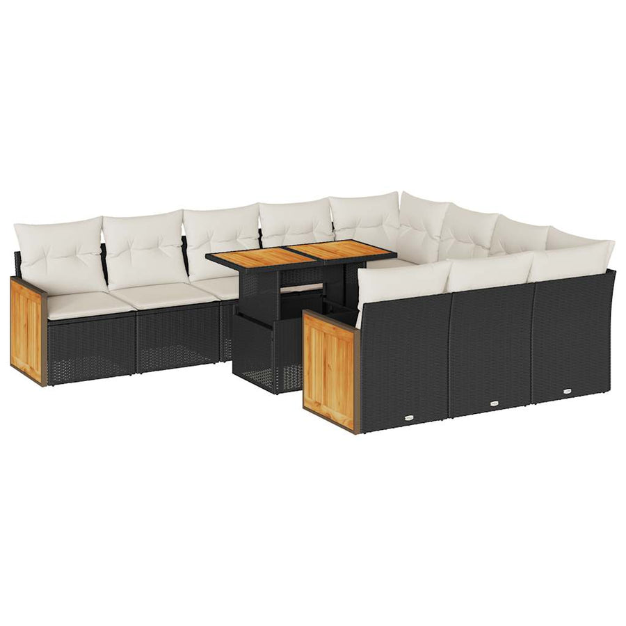 11-delige Loungeset met kussens poly rattan acacia zwart