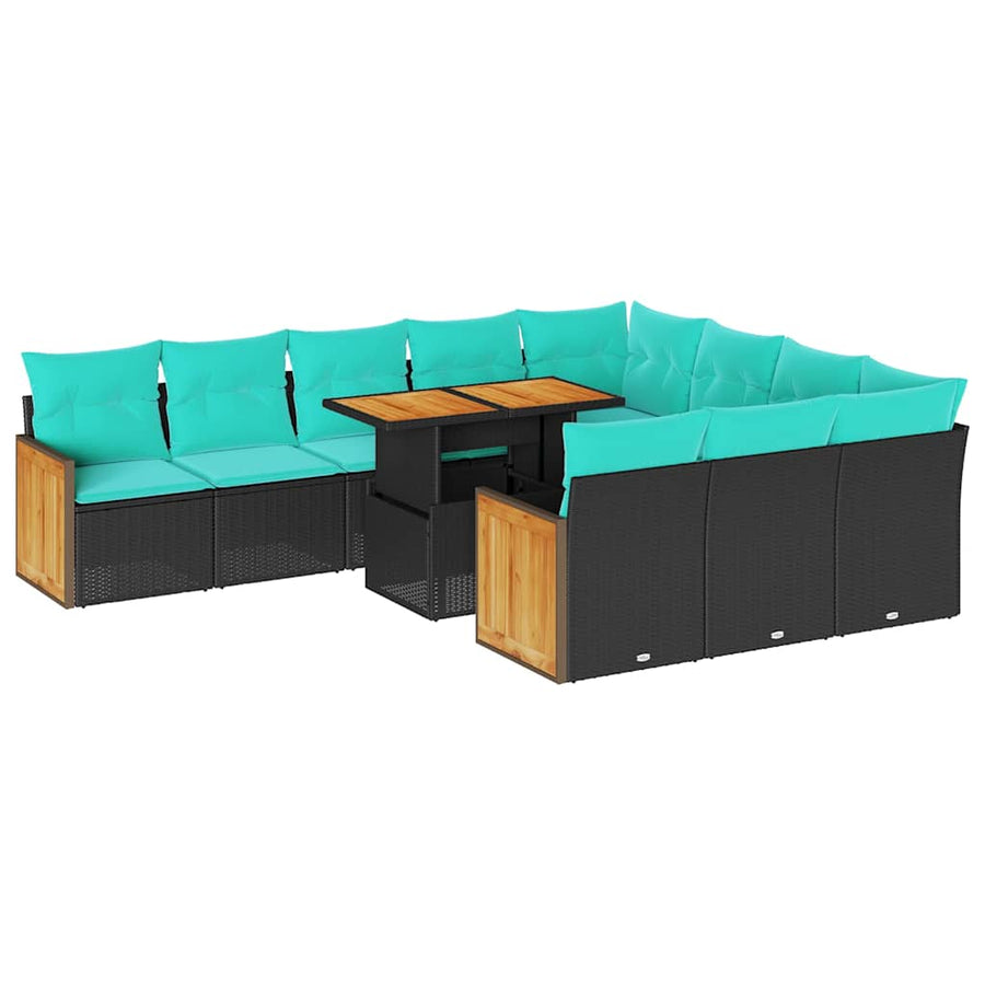 11-delige Loungeset met kussens poly rattan acacia zwart
