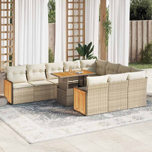 11-delige Tuinset met kussens poly rattan acacia beige