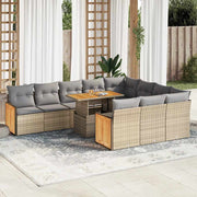 11-piece Outdoor Dining Set with Cushions Poly Rattan Acacia Beige