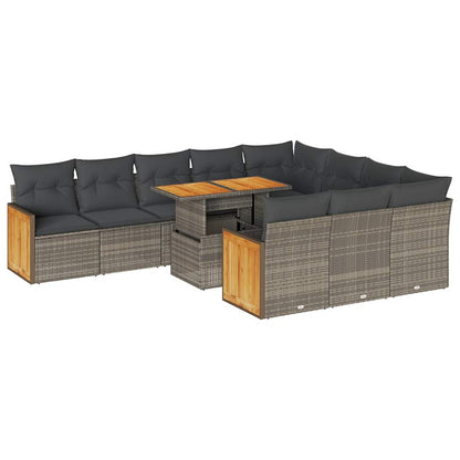 11-delige Loungeset met kussens poly rattan acacia grijs