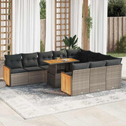 11-piece Lounge set with cushions poly rattan acacia grey