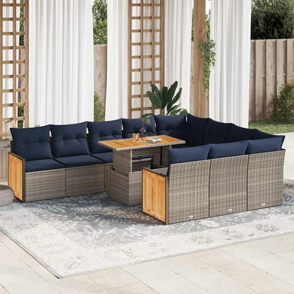11-delige Loungeset met kussens poly rattan acacia grijs