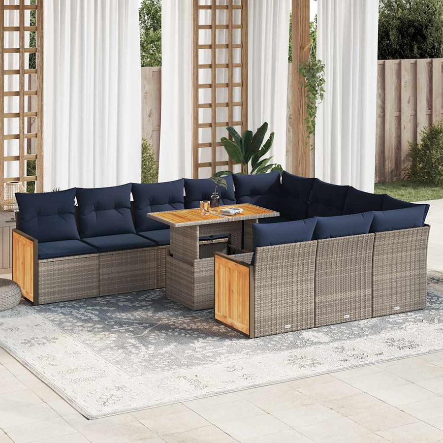 11-delige Loungeset met kussens poly rattan acacia grijs