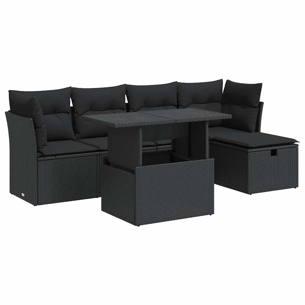 6-delige Loungeset met kussens poly rattan zwart