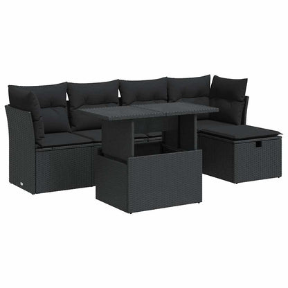 6-delige Loungeset met kussens poly rattan zwart