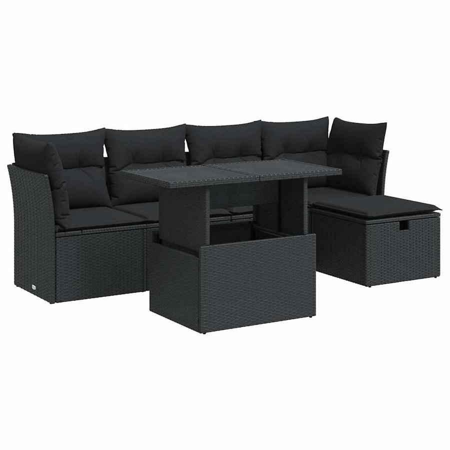 6-delige Loungeset met kussens poly rattan zwart