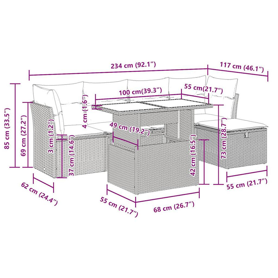 6-delige Loungeset met kussens poly rattan zwart