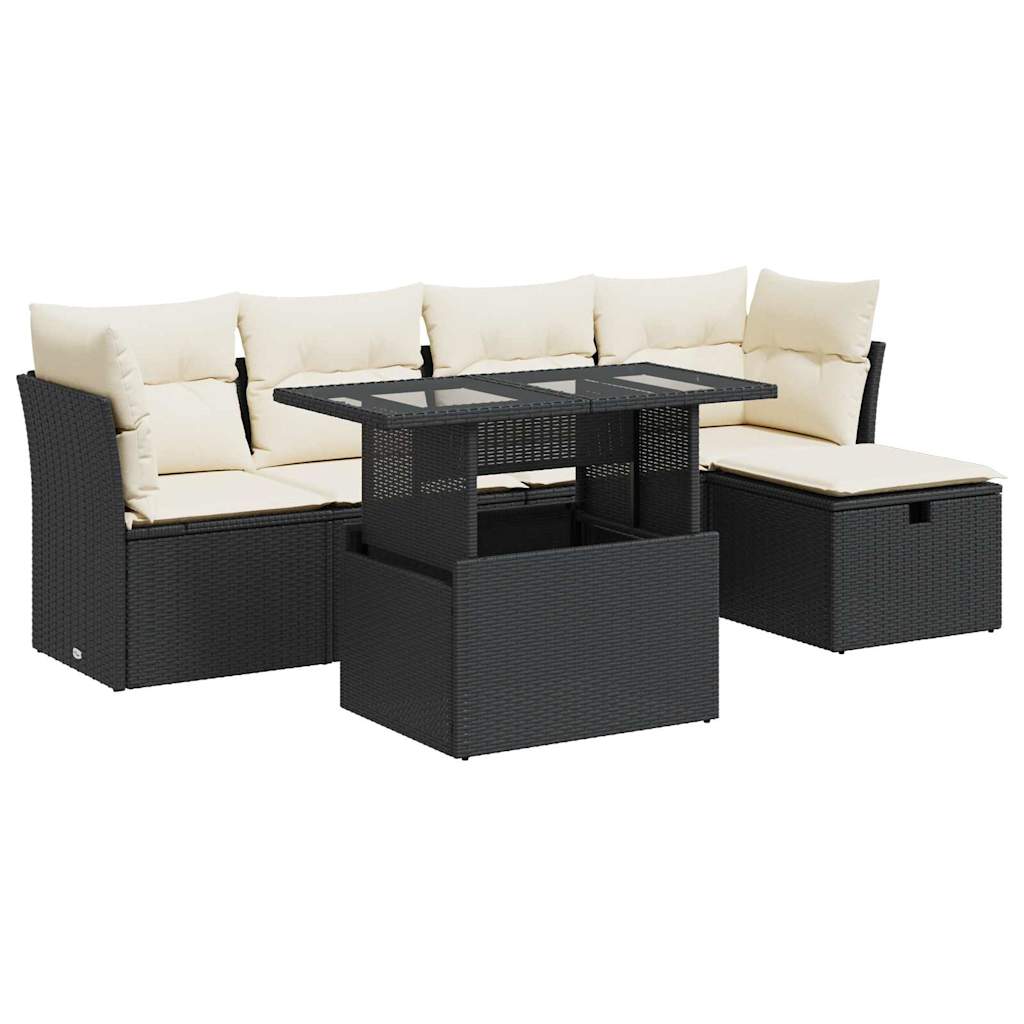 6-delige Loungeset met kussens poly rattan zwart