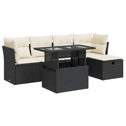 6-delige Loungeset met kussens poly rattan zwart