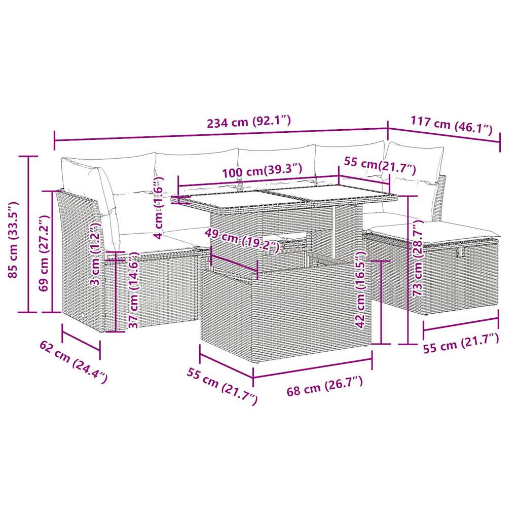 6-delige Loungeset met kussens poly rattan zwart