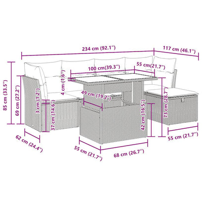 6-delige Loungeset met kussens poly rattan zwart
