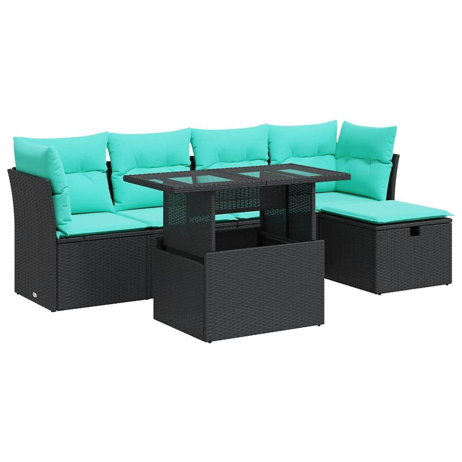 6-delige Loungeset met kussens poly rattan acacia zwart