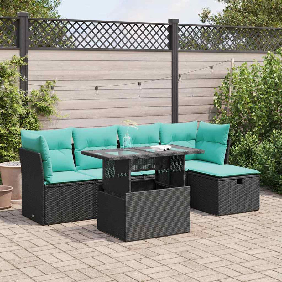 6-delige Loungeset met kussens poly rattan acacia zwart