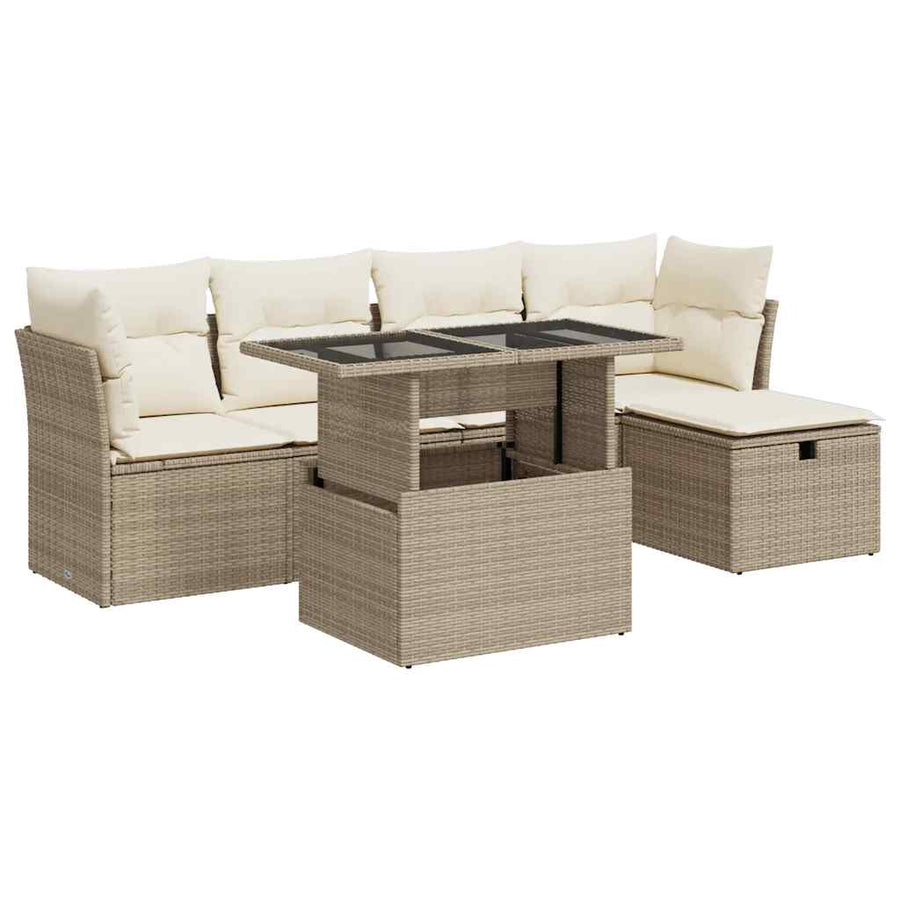 6-delige Loungeset met kussens poly rattan beige