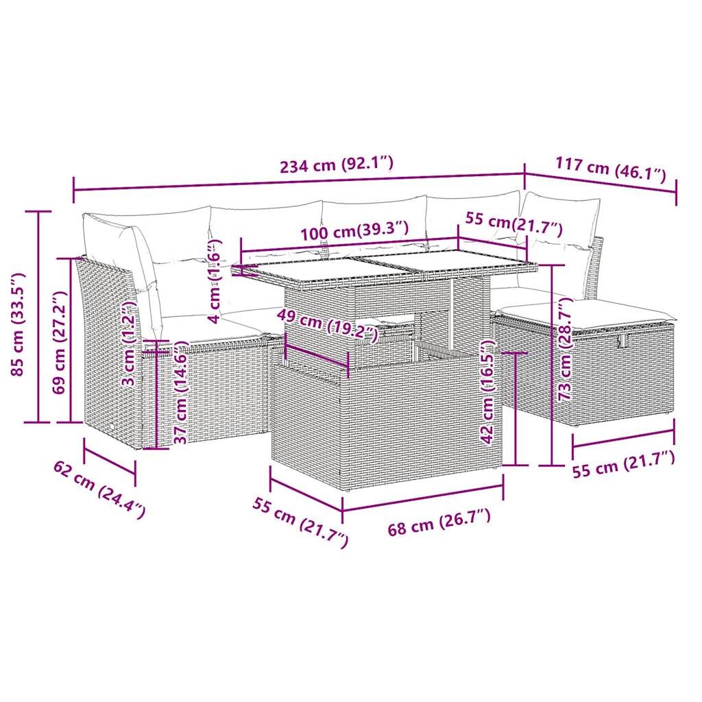 6-delige Loungeset met kussens poly rattan beige