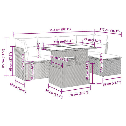 6-delige Loungeset met kussens poly rattan grijs