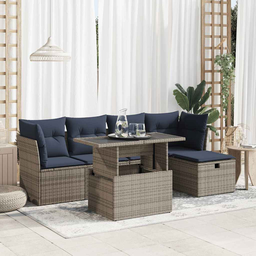 6-delige Loungeset met kussens poly rattan acacia grijs