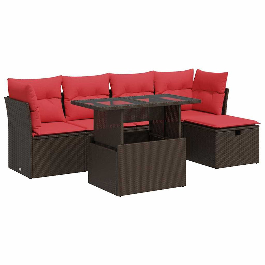 6-delige Loungeset met kussens poly rattan acacia bruin