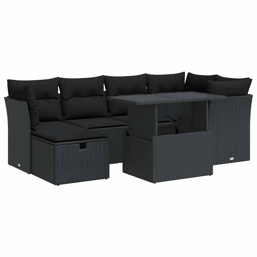 7-delige Loungeset met kussens poly rattan zwart