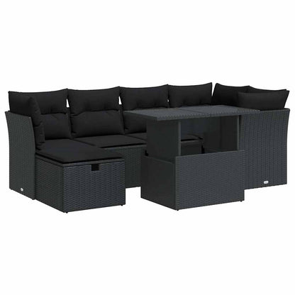 7-delige Loungeset met kussens poly rattan zwart