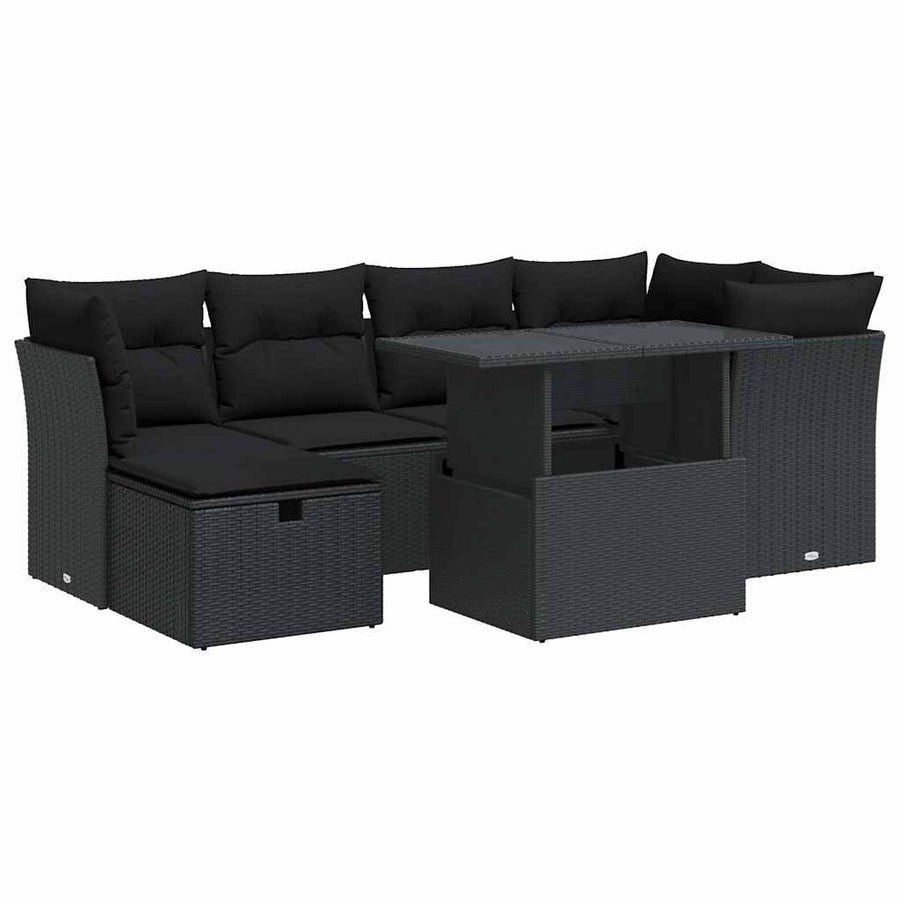 7-delige Loungeset met kussens poly rattan zwart