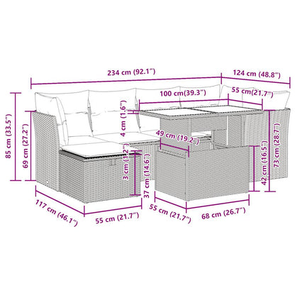 7-delige Loungeset met kussens poly rattan zwart