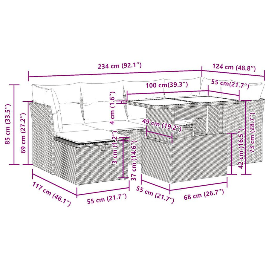 7-delige Loungeset met kussens poly rattan zwart