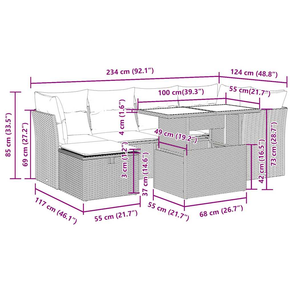7-delige Loungeset met kussens poly rattan zwart