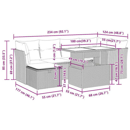 7-delige Loungeset met kussens poly rattan zwart