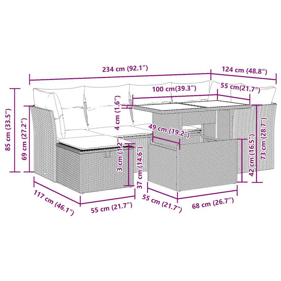 7-delige Loungeset met kussens poly rattan zwart