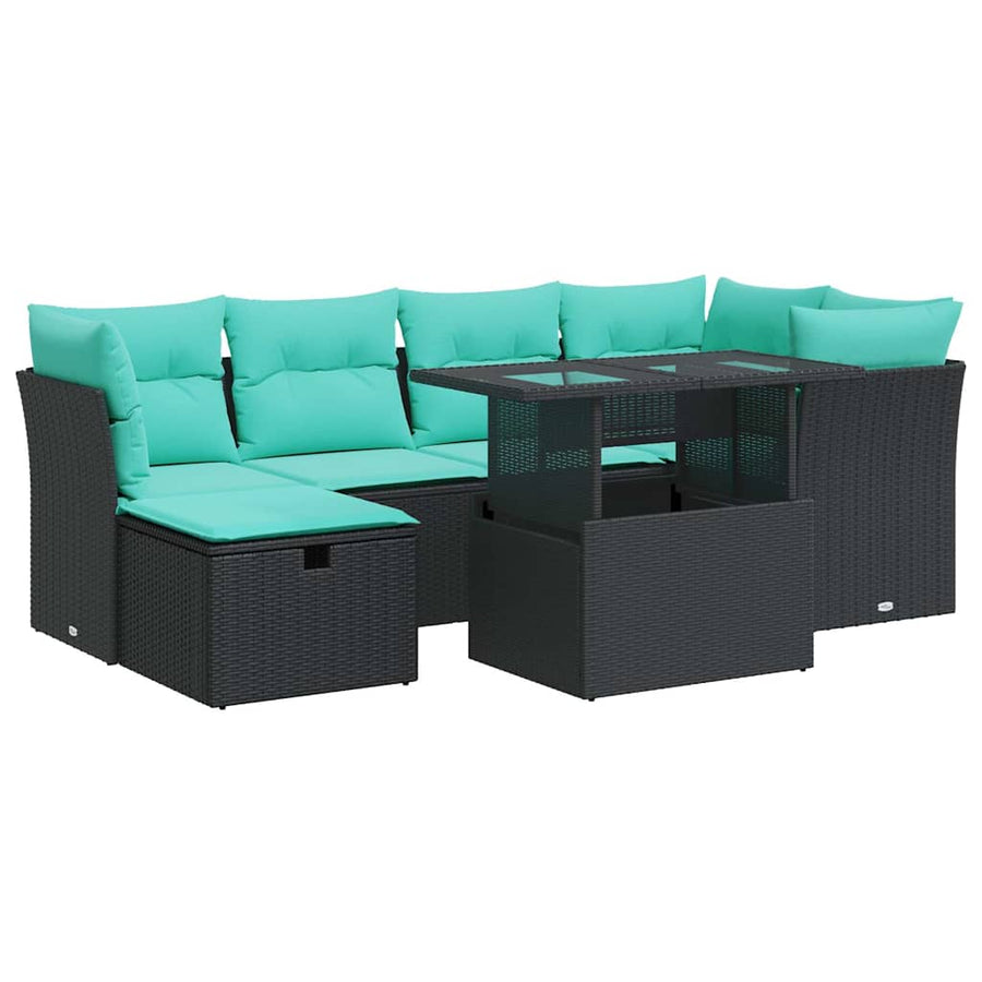 7-delige Loungeset met kussens poly rattan acacia zwart