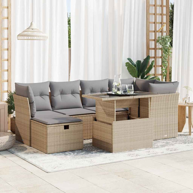 7-delige Loungeset met kussens poly rattan beige