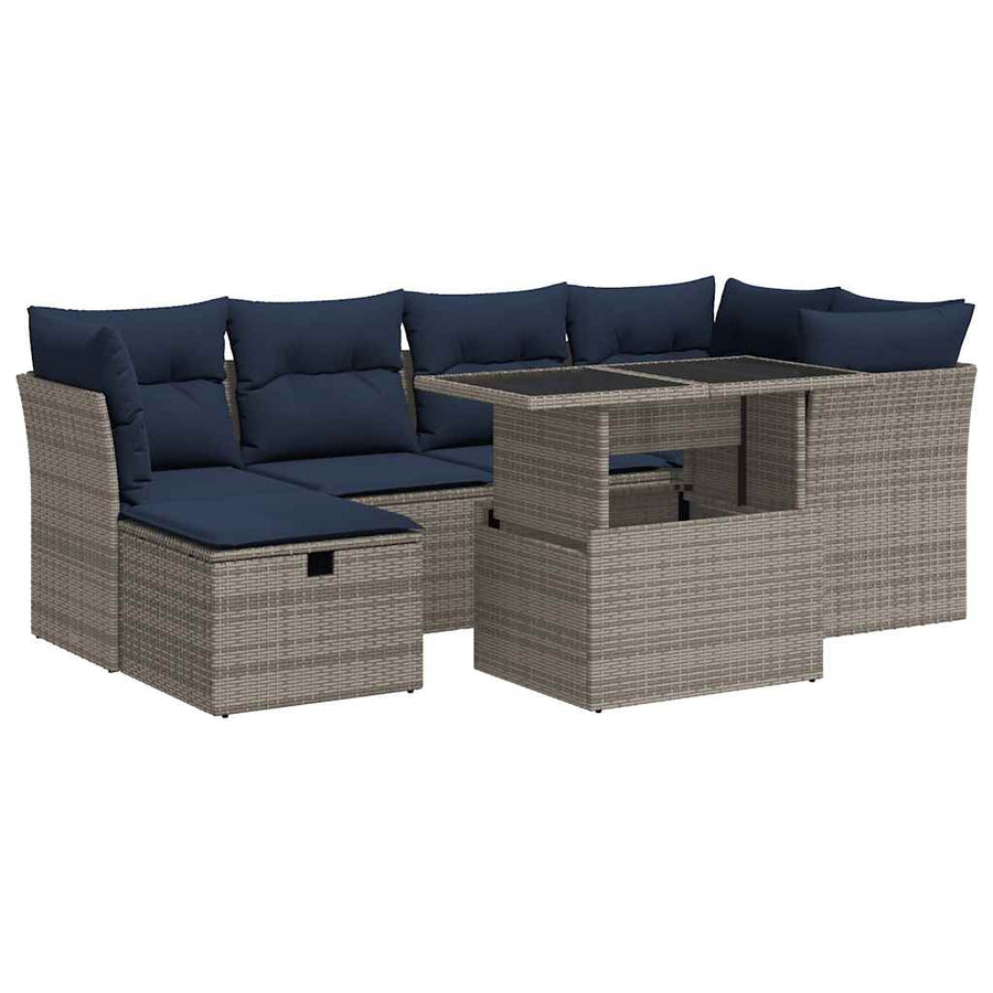 7-delige Loungeset met kussens poly rattan acacia grijs