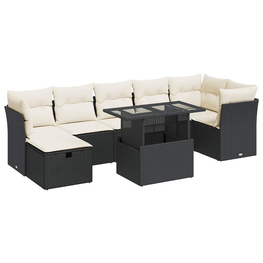8-delige Loungeset met kussens poly rattan zwart