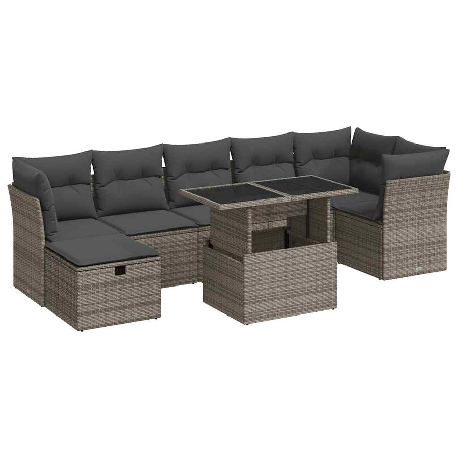 8-delige Loungeset met kussens poly rattan grijs