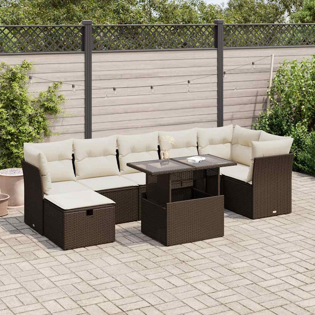 8-delige Loungeset met kussens poly rattan bruin