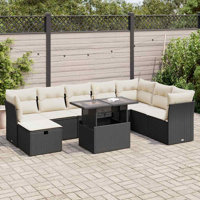 9-delige Loungeset met kussens poly rattan zwart