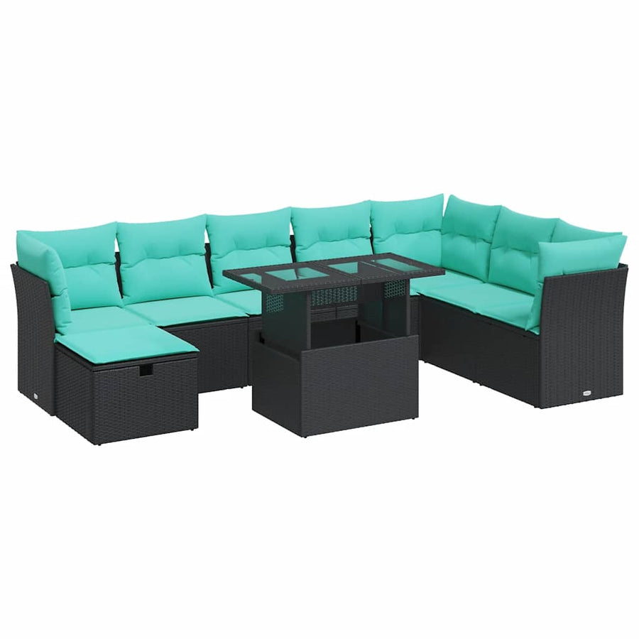 9-delige Loungeset met kussens poly rattan acacia zwart