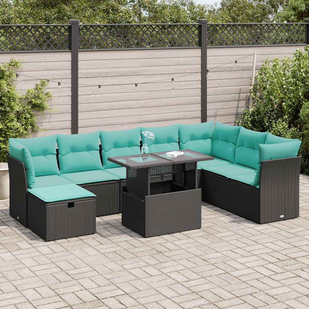 9-delige Loungeset met kussens poly rattan acacia zwart