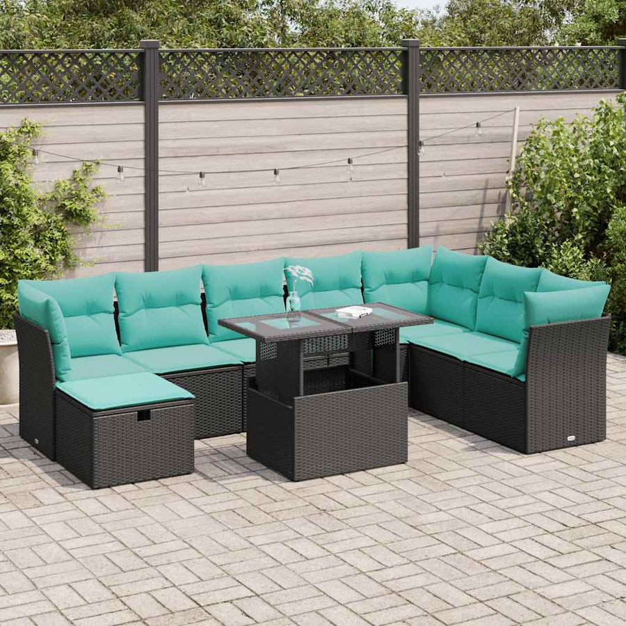 9-delige Loungeset met kussens poly rattan acacia zwart