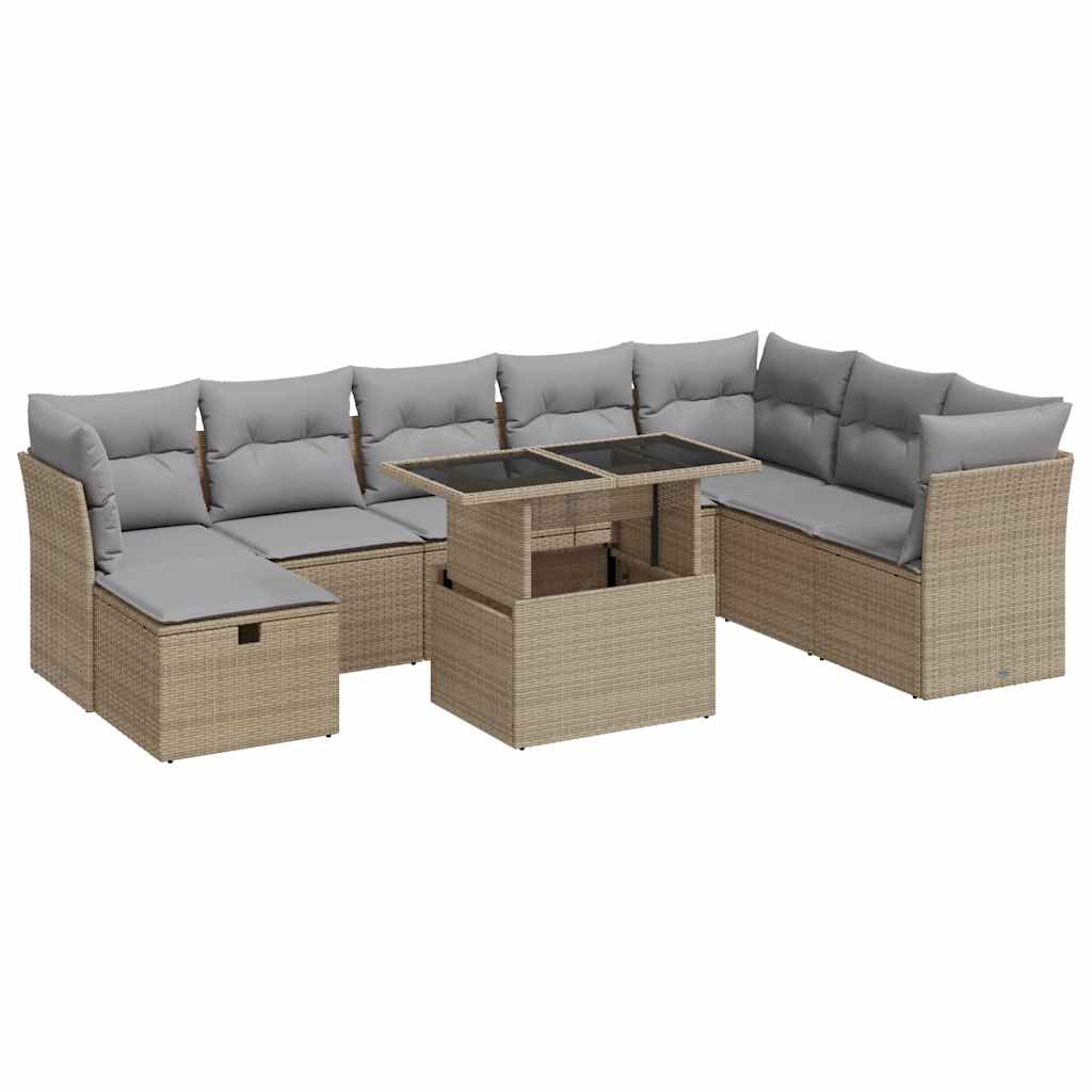 9-delige Loungeset met kussens poly rattan beige