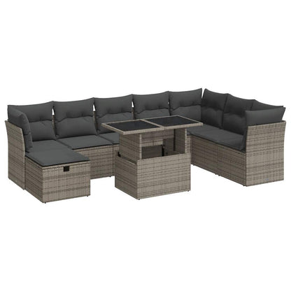 9-delige Loungeset met kussens poly rattan grijs