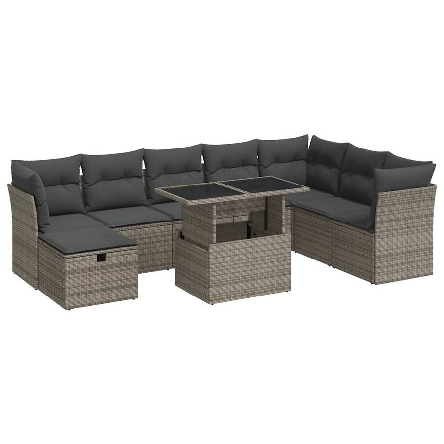 9-delige Loungeset met kussens poly rattan grijs